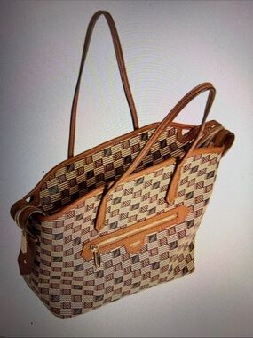 Tan Woven-Pattern Tote with Leather Trim 17 inch wide